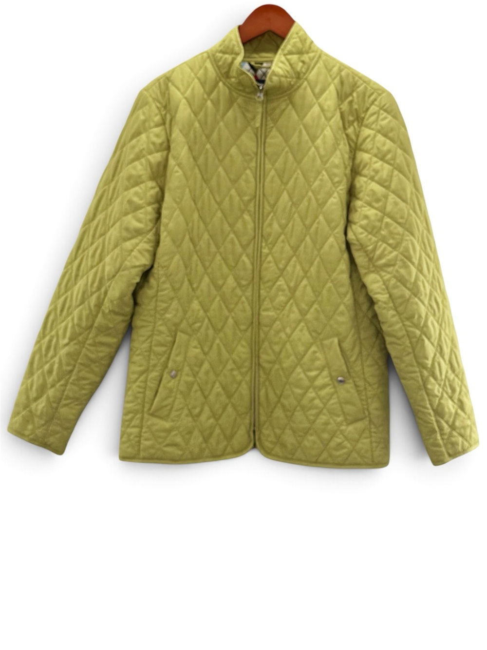 Lands’ End Large Green Diamond Quilted Jacket Argyle Lined Barn Coat